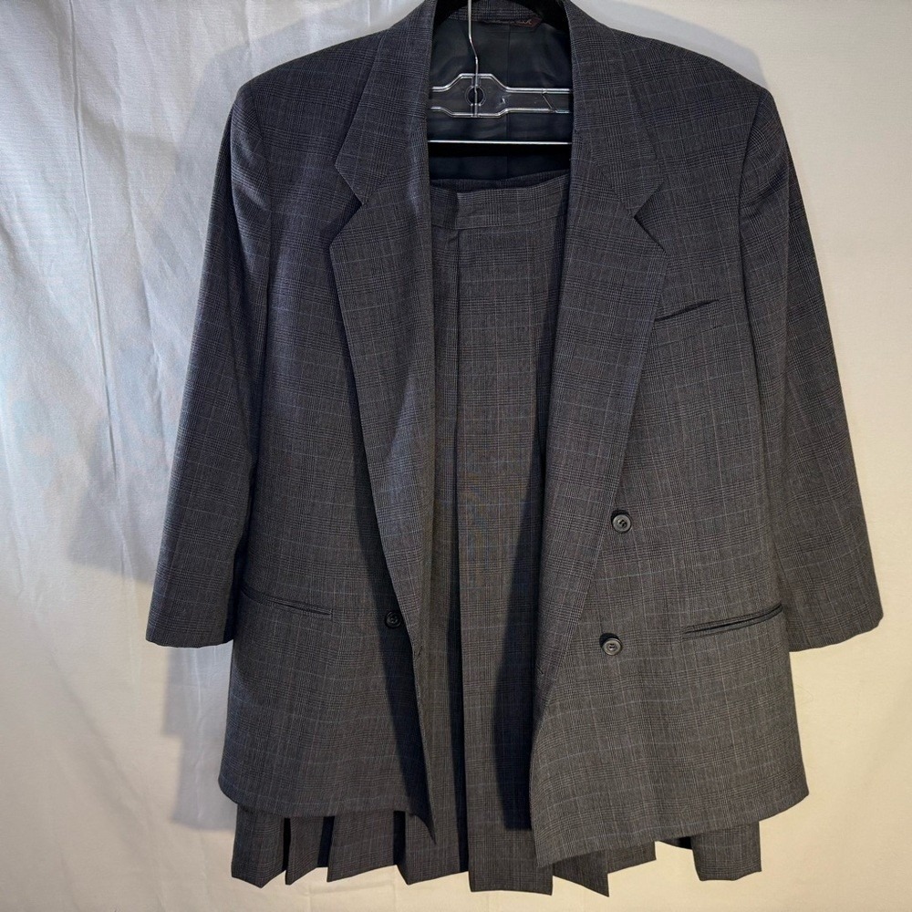 Vintage Cricketeer Woman Grey Plaid Suit Button Front Blazer Zip Back Skirt S 14